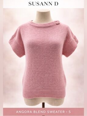 VTG Susann D Pink Button Neck Detail Short Sleeve Silk/Angora/Wool Sweater-S